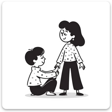 A girl smiling and standing near a little boy, he is on the floor laughing, she wiggling her toes between his thighs tickling him sticker