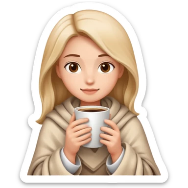 girl holding coffee with a blanket around her sticker