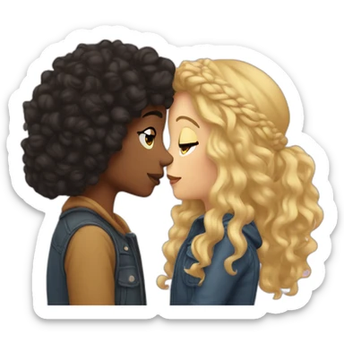 a girl with blond hair in a beanie kissing a girl with dark curly hair sticker