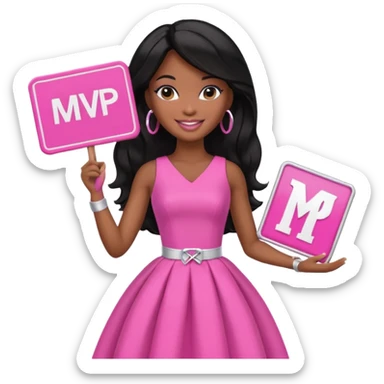 Black barbie, long black  hair, pink dress holding mvp sign  sticker