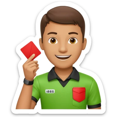 Young Referee – Energetic Style
 Wearing bright green shirt, smiling slightly, holding red card high with whistle around neck. sticker