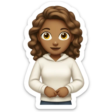A tan girl with a white sweater and brown hair sticker