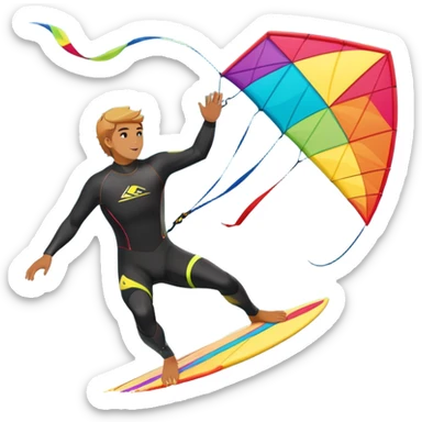 A kite surfer gliding across the ocean, with a colorful kite soaring high in the sky and the surfer carving through the waves. The scene captures the energy and freedom of the sport, with the sun shining and the ocean's waves splashing around. sticker