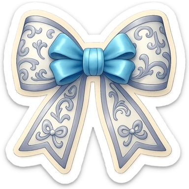 Edit the vintage rococo bow to be white and ornate with delicate details, replacing gold accents with gray accents, in a vintage rococo style emoji. Remove the background. sticker