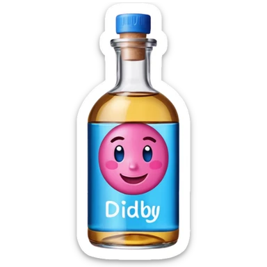 Smiling bottle of oil blue top pink outside with logo that says diddy oil sticker