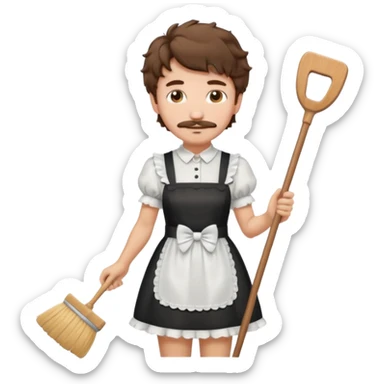 Guy with short shaggy brown hair , a thin curly mustache, wearing a cute maid dress, sweeping sticker