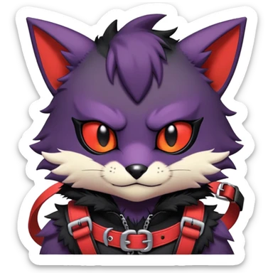 black edgy emo furry Noibat-Litten-fursona-Fakémon with a red chest harness  sticker