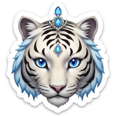 ESO Female white/black tiger khajiit leader of the umbral rose, glowing blue eyes, glowing blue 'third eye' gem; shadow umbral gem silver tiara sticker