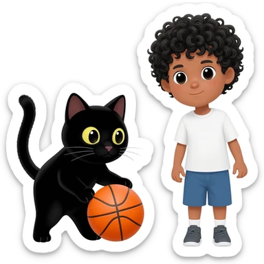 Black cat playing with orange basketball and a little white boy with curly black hair sticker