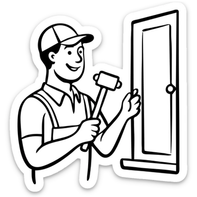 Window repair craftsman smiling while holding a small rubber mallet in his hand, looking at window he's fixing sticker