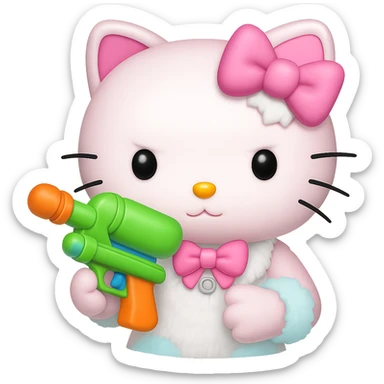 Change the handgun to a playful water gun, keep the Hello Kitty character in emoji style, no background. sticker