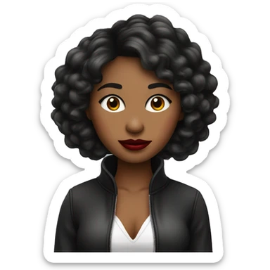 una chica de cabello negro corto lacio con labial rojo, ojos marrones y tiene una laptop sticker