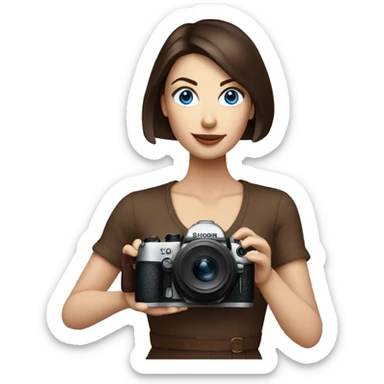 Portrait of stylish woman with blue eyes and chocholate bob hair holding a nikon camera sticker