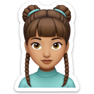 In Apple Memoji format, a girl with bangs and her hair in a bun. The girl has light brown skin and arab ethnic features sticker