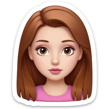 white girl with long brown hair with caramel highlights wearing a white top. Blush on the cheeks and big eyelashes and a brown-pink lip combo  sticker