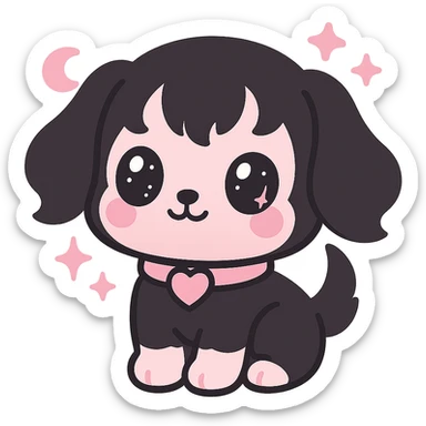 kawaii style magical gothic puppy inspired by BLACKPINK, cute face, black and pink fur, sparkling eyes, heart collar, sweet and bold sticker