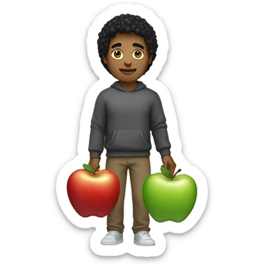 Man with tan skin black hair wearing sweatshirt holding Apple bag sticker