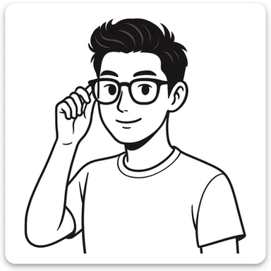 Change to a different, stylish hairstyle for a young and handsome Asian man with black coffee colored hair, wearing a white T-shirt, black framed glasses, holding glasses, very smart. Keep the hand drawn doodle style look but use the general editor as doodle style does not support editing. sticker