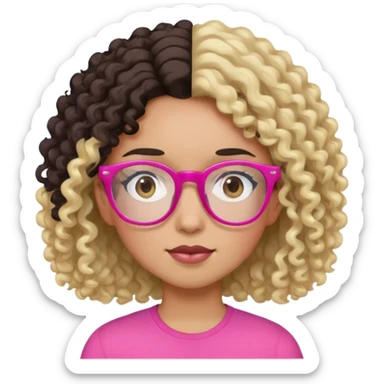Girl Dark Brown Curly Hair, Pink glasses, And a mixed skin tone. Boy has a  white skin tone, Blonde Hair and black glasses  sticker