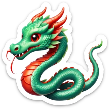 Cinematic Cute Chinese Serpent Dragon Portrait Emoji, Head tilted playfully and inquisitively, showcasing a slender, flowing body with vibrant jade scales and soft vermilion accents intertwined with whimsical wisps of cloud and water details; rendered with realistic finesse and warm natural light, high shine, charming and spirited, styled with a touch of mythic whimsy, soft glowing outline, capturing the essence of a mischievous yet endearing celestial dragon poised to weave magic into your dreams! sticker