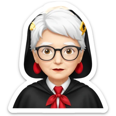 An older woman with glasses and white hair, in a red tie and black cape sticker