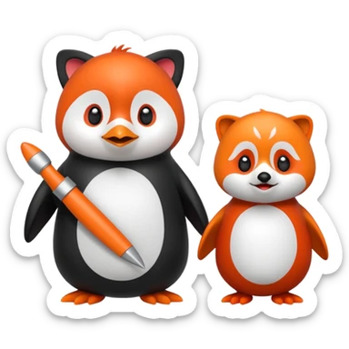 A cartoon  cute cartoon penguin. Next to it is a cartoon red panda holding its flipper  sticker