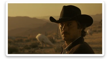 Cinematic , documentary photography, top angle medium shot, cowboy look eye brave, hard light golden hour, desert arizona, shot on arri alexa, 80s movie sticker