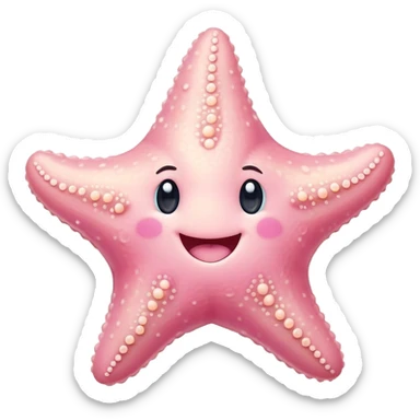 Cinematic cute round starfish, pastel pink, soft bumpy texture, tiny happy face, slightly tilted, glowing warmly, sparkling with gentle ocean magic. sticker
