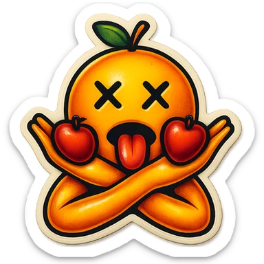 Make the emoji smile while choking itself, keep the same retro stickers style, no background. sticker