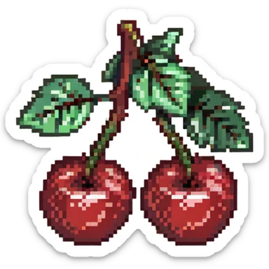 Pixel art of two red cherries on a brown branch with green leaves sticker