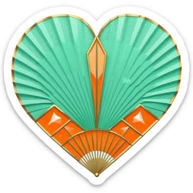 orange glittery heart, chopped  in pieces like shattered glass edges  with a couple mint green art deco fans  sticker