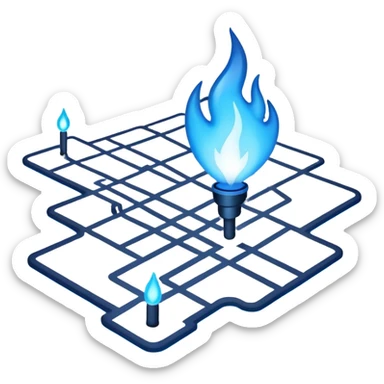 a map with a glowing blue flame on the x and networking paths sticker