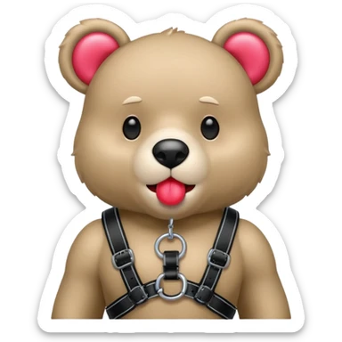 Gloomybear wearing black harness, red bubblegum in mouth sticker