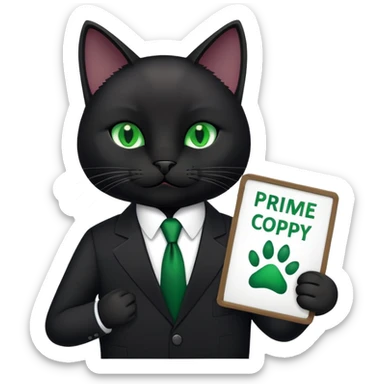 A black cat in a black business suit holds a sign with the inscription "PrimeCopy" in one paw sticker