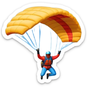 A base jumper soaring through the air, parachute deployed, flying off a steep mountain peak. The background is filled with majestic mountains, clear blue sky, and distant clouds, capturing the exhilarating thrill and beauty of extreme sports. sticker
