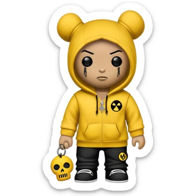 voodoo doll wearing wu-tang clan yellow and black hoodie with W logo sticker