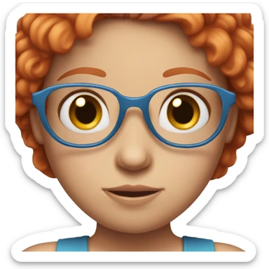Emoji of a red-haired girl in glasses, wearing a blue dress and holding a pink heart, with a sweet and friendly expression. sticker