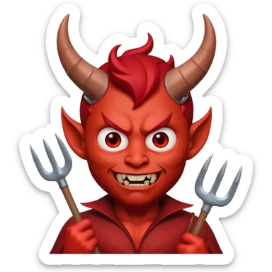 3D Memoji style male devil, red skin, horns, pitchfork, scary expression, soft lighting, solid background. sticker
