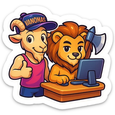 Add a humanoid goat character next to the existing subject, wearing a pink tank top and a cap with the inscription 'VANOMAS', in the style of a Telegram sticker, maintaining transparent background. sticker