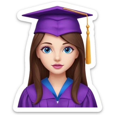 girl with beautiful extremely long brown hair, blue eyes, long lashes makeup, sexy pink lips, wearing a purple graduation cap and gown sticker