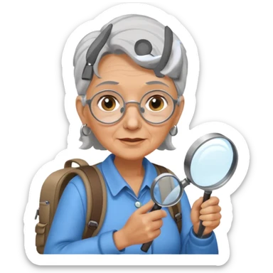 Explorer old woman with magnifying glass and backpack sticker