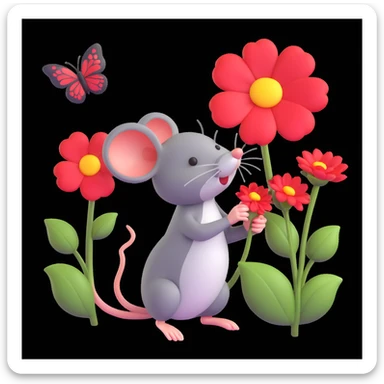 cute little mouse sniffing a big red flower, butterflies and hearts flying around, white background, 3D iOS style, inspired by reference sticker
