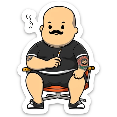 Overweight man sitting back in chair with legs spread, holding cigarette, exposed belly, round face, very short buzzcut hair, short beard with mustache, black t-shirt with light stripes on top, black shorts, tattooed arms sticker