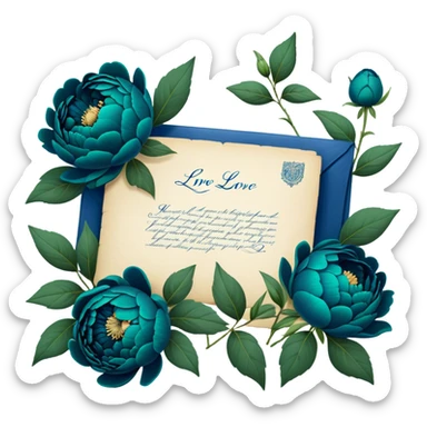 A charming arrangement of deep green peonies placed beside an old blue love letter with an intricate navy blue wax seal. sticker