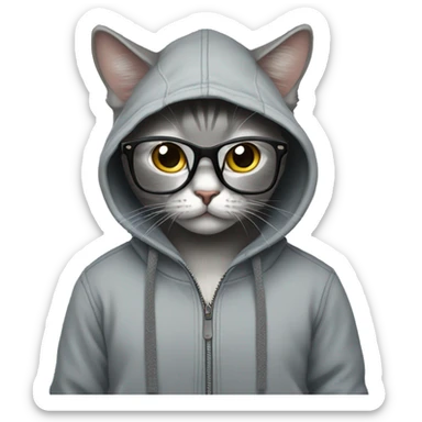 Cat with glasses wearing grey zip-hoodey  sticker