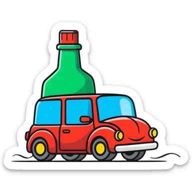 cartoonish icon of a car with wobbly motion lines and a bottle, representing drunk driving sticker