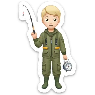 Boy in fishing suit looking at his wristwatch, full body sticker