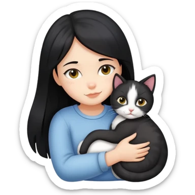 A black-haired girl hugging a cat sticker