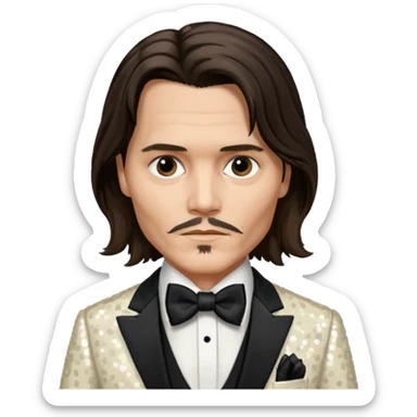 Johnny Depp with long dark brown hair hair, ivory sequin suit with bow tie sticker