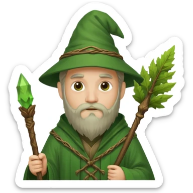 Forest Wizard – green robe, wooden staff, leafy beard sticker
